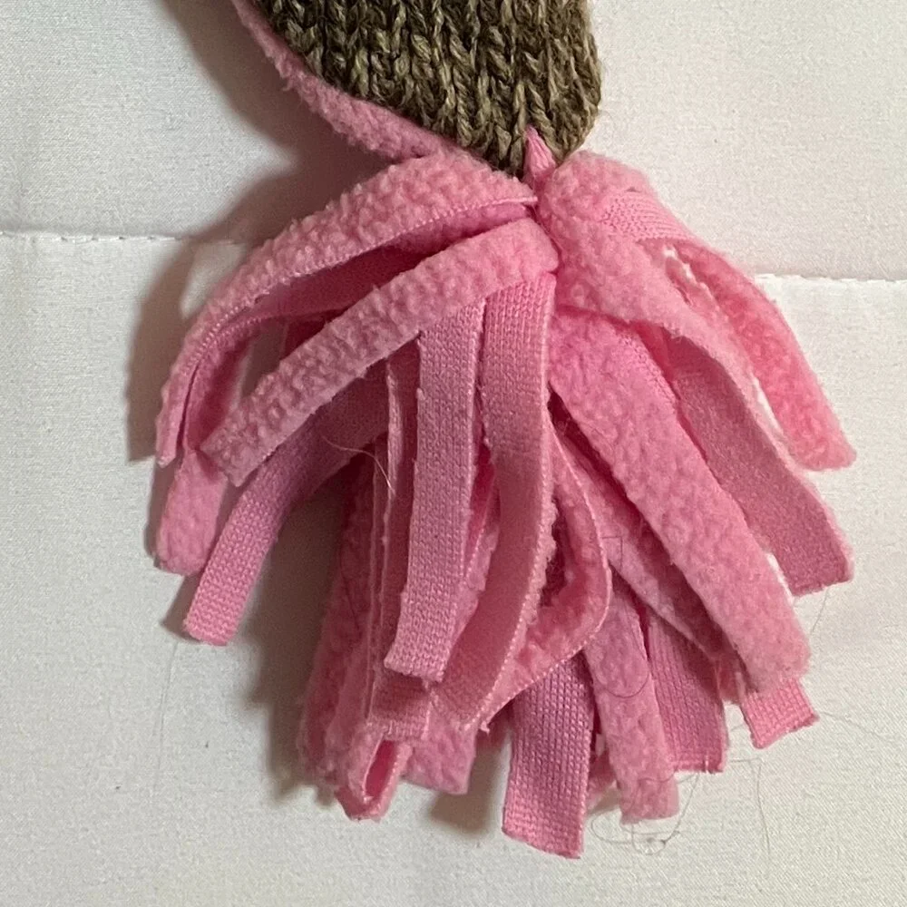 Adorable brown and pink winter monkey hat with pink pom poms